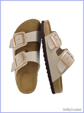 Genuine Leather Cork Footbed Slide Sandals Adjustable Buckle Open Toe